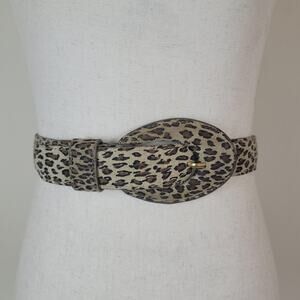 Omega Belt Medium Brown Suede Leopard Print Covered Buckle Waist Statement Boho